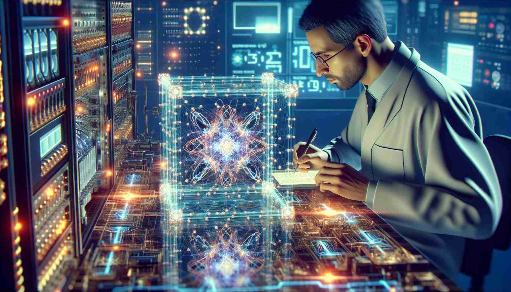 Generate a high-definition, realistic image depicting the future of quantum technology. The scene should represent a revolution in computing, possibly showcasing advanced quantum computers in a high-tech lab setting, with glowing qubits, complex circuits and network connections. There may also be a scientist of Middle-Eastern descent, male, engrossed in his work. Add subtle visual elements that could represent findings or progress, such as graphs, formulas, or holograms.