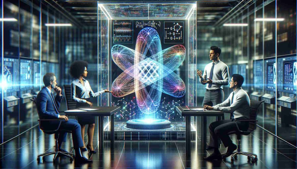 Generate a high-definition, photorealistic image that represents the exploration of quantum technologies in contemporary business environments. The image should include a futuristic office setting with high-tech equipment and a diverse group of scientists—two Caucasian men, one Black woman, and a South Asian man, all clad in business attire—engaging in a stimulating discussion around a holographic display emitting from a tabletop quantum computer. The hologram should depict complex quantum algorithms and equations with vibrant colors, symbolizing the great potential of these technologies.