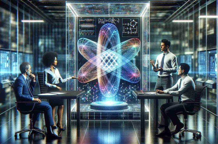 Generate a high-definition, photorealistic image that represents the exploration of quantum technologies in contemporary business environments. The image should include a futuristic office setting with high-tech equipment and a diverse group of scientists—two Caucasian men, one Black woman, and a South Asian man, all clad in business attire—engaging in a stimulating discussion around a holographic display emitting from a tabletop quantum computer. The hologram should depict complex quantum algorithms and equations with vibrant colors, symbolizing the great potential of these technologies.