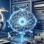 A high-definition, realistic image depicting the concept of revolutionizing quantum computing. The scene features a symbolic representation of the power of advanced computing systems, such as a heron, known for its precision and focus. Please include elements that represent quantum computing such as superposition or entanglement depicted visually. Also, incorporate a nod to heritage computing brands, without referencing any specific one, through design elements like a vintage computer frame or retro computing icons.