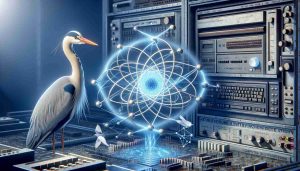 A high-definition, realistic image depicting the concept of revolutionizing quantum computing. The scene features a symbolic representation of the power of advanced computing systems, such as a heron, known for its precision and focus. Please include elements that represent quantum computing such as superposition or entanglement depicted visually. Also, incorporate a nod to heritage computing brands, without referencing any specific one, through design elements like a vintage computer frame or retro computing icons.