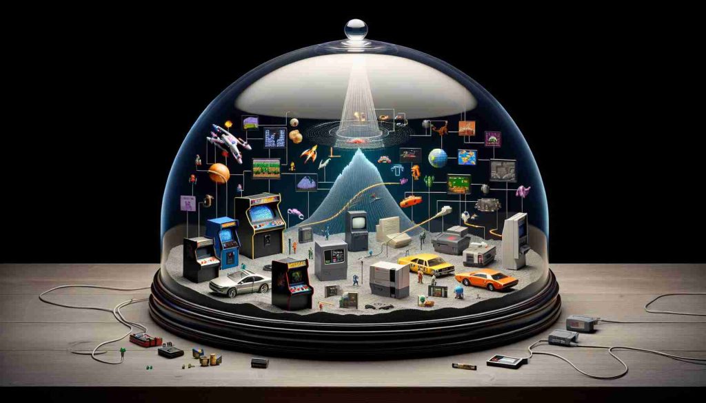 A high-resolution, realistic image of the concept of preserving the legacy of video games. Visualize a world within a glass-domed terrarium, filled with elements portraying the nostalgic essence of classic gaming. This includes things like arcade machines, pixelated art, early game consoles, and cartridges. Showcase symbols that represent the evolution of gaming, such as polygons evolving into contemporary graphics, a transition from wired to wireless controllers, etc. To symbolize the archival process, show an individual carefully placing these elements within the terrarium. This snapshot encapsulates the essence of gaming preservation efforts.