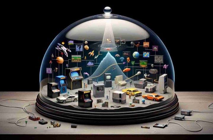 A high-resolution, realistic image of the concept of preserving the legacy of video games. Visualize a world within a glass-domed terrarium, filled with elements portraying the nostalgic essence of classic gaming. This includes things like arcade machines, pixelated art, early game consoles, and cartridges. Showcase symbols that represent the evolution of gaming, such as polygons evolving into contemporary graphics, a transition from wired to wireless controllers, etc. To symbolize the archival process, show an individual carefully placing these elements within the terrarium. This snapshot encapsulates the essence of gaming preservation efforts.