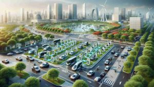 Imagine the future of electric vehicle charging infrastructure by 2030. Visualize a highly detailed, realistic scene displaying advanced charging stations strategically located in an urban cityscape. The layout reflects intelligent urban planning with vehicles of various shapes and sizes, all electric, being rapidly and efficiently charged. The technology incorporated is eco-friendly, with solar panels and wind turbines powering the charging stations. A lush city park in the backdrop, bustling with humans of various descents and genders, underlines the harmony between advanced technology and nature.