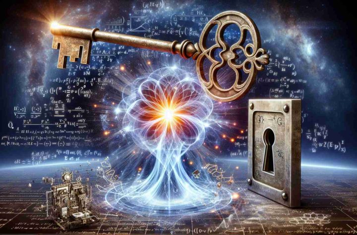 A detailed, high definition image illustrating the concept of unlocking the potential of quantum technologies. Show the emergence of a youthful, glowing quantum wave particle, emanating radiant, pulsating light. It is being revealed by a large, rustic iron key that symbolizes 'unlocking'. The quantum particle is surrounded by complex computations and equations representing quantum physics. Include a computer chip and sophisticated robotics to symbolize technology advancement. Visualize the scene against a backdrop of infinite cosmos to represent the boundless possibilities of quantum technologies.