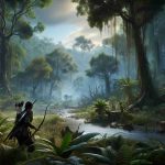 A high-definition, realistic image representing the concept of 'exploring the untamed realm' in the context of a hunter's quest. It depicts a vast, untouched forest filled with diverse vegetation. A sense of mystery is evoked as lush trees stand tall under the sky. A hunter – a South Asian woman equipped with bow and arrow – is seen cautiously advancing, eyes sharp and alert. Natural elements like a river flowing across the scene, curious animals peeking from behind the foliage, and a dimmed sunlight filtering through the tree branches enhance the wild aspect of this realistic environment.