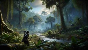 A high-definition, realistic image representing the concept of 'exploring the untamed realm' in the context of a hunter's quest. It depicts a vast, untouched forest filled with diverse vegetation. A sense of mystery is evoked as lush trees stand tall under the sky. A hunter – a South Asian woman equipped with bow and arrow – is seen cautiously advancing, eyes sharp and alert. Natural elements like a river flowing across the scene, curious animals peeking from behind the foliage, and a dimmed sunlight filtering through the tree branches enhance the wild aspect of this realistic environment.