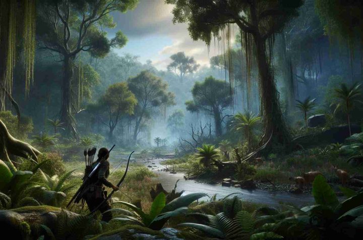 A high-definition, realistic image representing the concept of 'exploring the untamed realm' in the context of a hunter's quest. It depicts a vast, untouched forest filled with diverse vegetation. A sense of mystery is evoked as lush trees stand tall under the sky. A hunter – a South Asian woman equipped with bow and arrow – is seen cautiously advancing, eyes sharp and alert. Natural elements like a river flowing across the scene, curious animals peeking from behind the foliage, and a dimmed sunlight filtering through the tree branches enhance the wild aspect of this realistic environment.