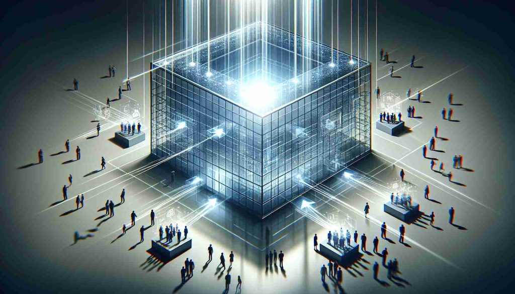 A realistic high-definition image depicting the abstract concept of enhancing organizational transparency through the power of information. The scene could include a clear glass office building, symbolizing transparency, with light beams passing through it, representing information. These beams could then highlight various parts of the building, symbolizing different organizational structures. Around the building, people of different genders and descents can be seen cooperating to direct the beams, thus representing the idea of teamwork and inclusivity in facilitating transparency.