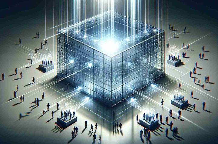 A realistic high-definition image depicting the abstract concept of enhancing organizational transparency through the power of information. The scene could include a clear glass office building, symbolizing transparency, with light beams passing through it, representing information. These beams could then highlight various parts of the building, symbolizing different organizational structures. Around the building, people of different genders and descents can be seen cooperating to direct the beams, thus representing the idea of teamwork and inclusivity in facilitating transparency.