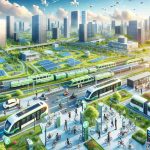 An HD image illustrating the concept of revolutionizing the transportation industry with sustainable mobility solutions. It features eco-friendly transportation methods such as solar-powered cars, electric buses, high-speed bullet trains, bike sharing stations, and pedestrian-only streets. There are charging stations around the cityscape, filled with green spaces and clean skies without any pollution. The image is filled with diverse individuals of various ages, gender, and decent utilizing these greener transportation options. It creates a sense of optimism about the future of sustainable transport and our ability to mitigate environmental challenges.