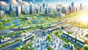 An HD image illustrating the concept of revolutionizing the transportation industry with sustainable mobility solutions. It features eco-friendly transportation methods such as solar-powered cars, electric buses, high-speed bullet trains, bike sharing stations, and pedestrian-only streets. There are charging stations around the cityscape, filled with green spaces and clean skies without any pollution. The image is filled with diverse individuals of various ages, gender, and decent utilizing these greener transportation options. It creates a sense of optimism about the future of sustainable transport and our ability to mitigate environmental challenges.