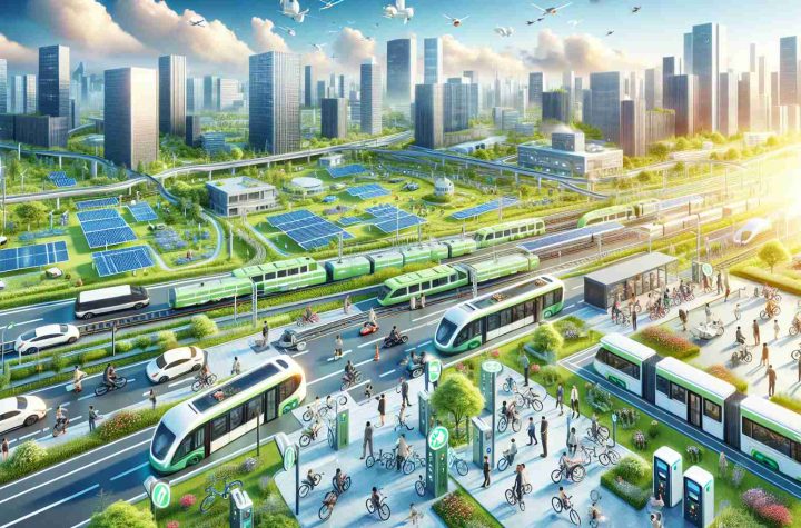 An HD image illustrating the concept of revolutionizing the transportation industry with sustainable mobility solutions. It features eco-friendly transportation methods such as solar-powered cars, electric buses, high-speed bullet trains, bike sharing stations, and pedestrian-only streets. There are charging stations around the cityscape, filled with green spaces and clean skies without any pollution. The image is filled with diverse individuals of various ages, gender, and decent utilizing these greener transportation options. It creates a sense of optimism about the future of sustainable transport and our ability to mitigate environmental challenges.