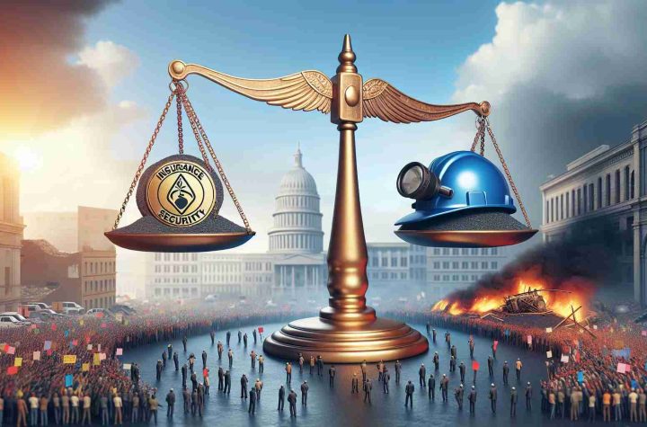 Detailed and realistic high-definition image of a symbolic representation of a central government authority responding to public discontent. Showcase the changes in its policies by emphasizing social security programs over a contentious mining project. Perhaps the scene could include a scale balancing an insurance policy emblem and a mining helmet, symbolizing the decisions made by the authorities, against a backdrop of a protest to portray the national unrest.