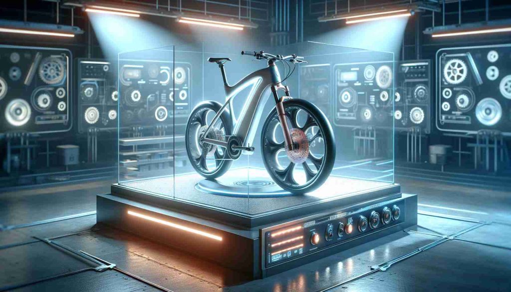 Generate a high-definition, realistic image of an innovative, revolutionary electronic bicycle that signifies a major development or breakthrough in the technology. The e-bike should be uniquely designed, embodying features that suggest advancements in speed, durability, or energy efficiency. The setting around the e-bike could be a sleek, cutting-edge workshop or a display stage, with focus lights illuminating the e-bike to highlight the novelty and excitement surrounding its discovery.