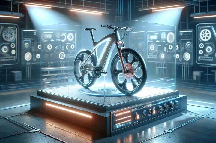 Generate a high-definition, realistic image of an innovative, revolutionary electronic bicycle that signifies a major development or breakthrough in the technology. The e-bike should be uniquely designed, embodying features that suggest advancements in speed, durability, or energy efficiency. The setting around the e-bike could be a sleek, cutting-edge workshop or a display stage, with focus lights illuminating the e-bike to highlight the novelty and excitement surrounding its discovery.