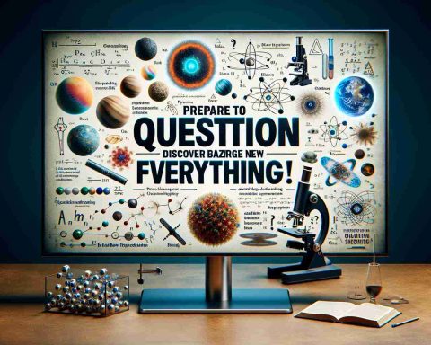 An HD realistic image portraying the concept of 'Prepare to Question Everything! Discover Bizarre New Physics Findings'. Display the text prominently. Behind it, show elements symbolic of physics and discovery like atoms, a microscope, space illustrations, and complex mathematical formulas, invoking a sense of wonder and curiosity.