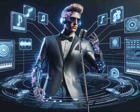 High-definition, realistic representation of a future scenario where artificial intelligence revolutionizes the music industry. Picture it transforming the world of a generic male pop artist, similar to performers from the early 2000s with charismatic stage presence and distinctive vocal talent. Contextual elements may include high-tech music production tools, futuristic software interfaces, and AI-driven musical instruments.