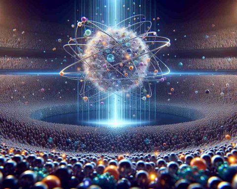 Create a realistic HD image showcasing the concept of quantum mechanics. Let's see a particle that's simultaneously in different states. Imagine it in mid-leap between two energy levels, symbolising the 'quantum leap'. Then display the 'quantum hype' as a crowd of assorted atoms and particles, as if in a stadium, all observing this leap.