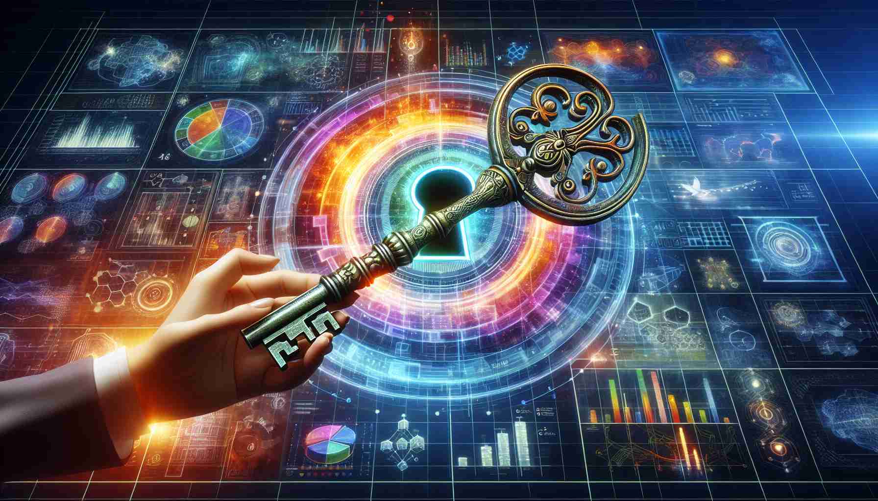 Visualize a high-definition realistic representation of the concept of 'Unlocking the Future'. Picture a huge, ancient-style key with intricate patterns being inserted into a vibrant, glowing keyhole that looks like it's made of colorful data streams. This keyhole is on a futuristic digital screen that contains various charts, diagrams, and numbers, revealing significant market insights. In the background, there might be images representing different business strategies such as chess pieces, graphs, pie charts, and corporate buildings, indicating how these insights are revolutionizing business strategies.