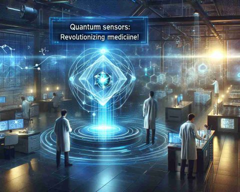 A high-definition, realistic image that symbolizes the future of medicine being revolutionized by quantum sensors. The image could have researchers in a futuristic lab using cutting-edge quantum technology, working towards medical breakthroughs. A central piece should be a glowing quantum sensor. The atmosphere should reflect hope, innovation, and progress. Overlay the scene with captions: 'Quantum Sensors: Revolutionizing Medicine!' and 'Don't miss out on this breakthrough!'