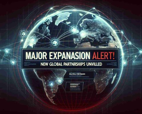 Create a realistic, high-definition image that represents the concept of major expansion. Specifically, depict the unveiling of new global partnerships. Display the world map in the background, with lines connecting different parts of the globe, symbolizing the newly formed connections. Also, include a large, bold banner at the top of the image with the words 'Major Expansion Alert! New Global Partnerships Unveiled'.