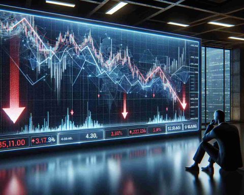 An HD image representing a significant downturn in quantum stocks, symbolizing a market crash. The image should feature a futuristic stock market graph on a high-tech digital screen with downward-pointing arrows and red numbers to show a sudden slump. The background could consist of a contemplative investor, his posture indicating concern and uncertainty about the future. Please create the image in a realistic style.