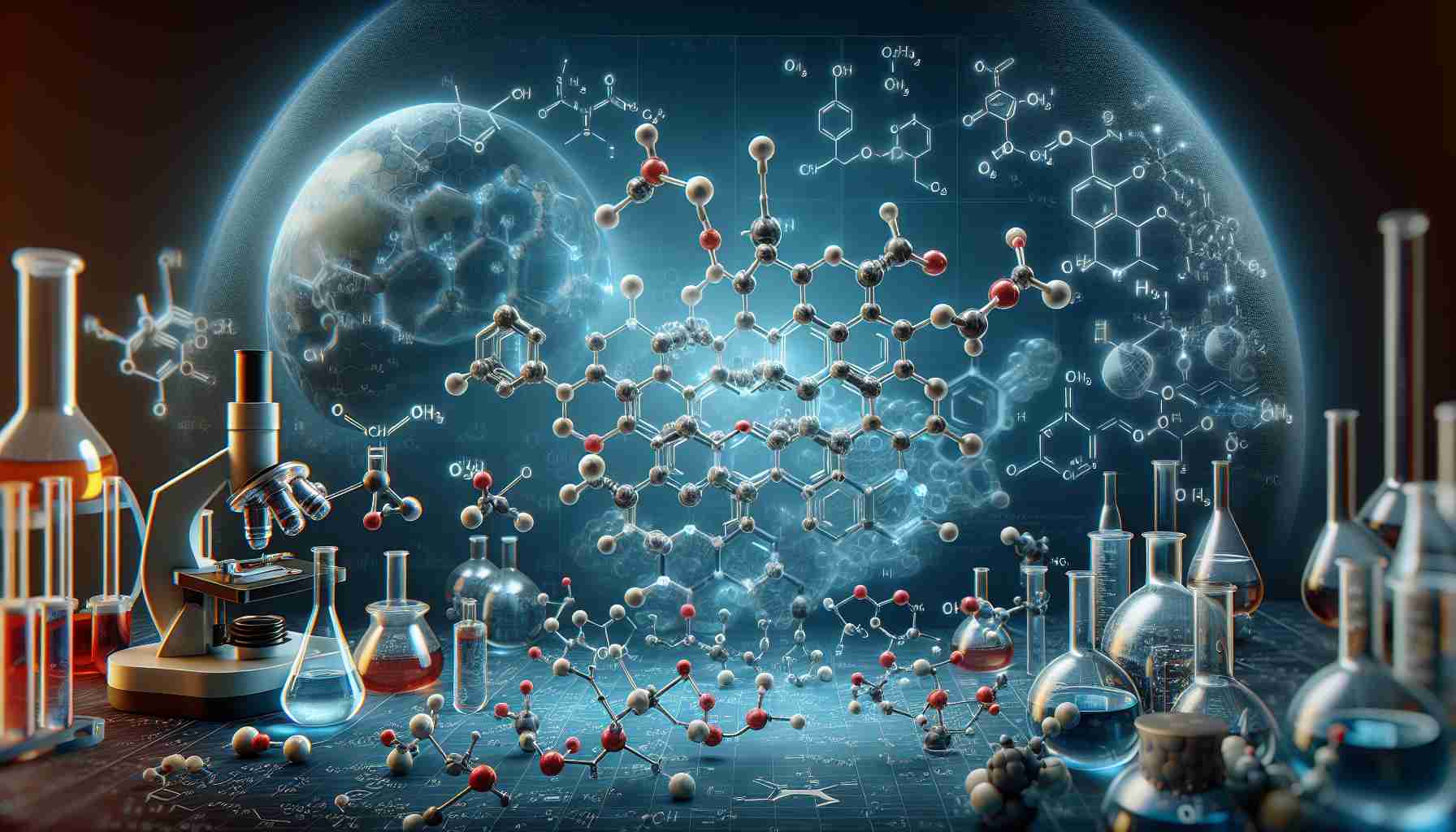 Realistic high-definition image illustrating the manifold applications of α,β-unsaturated carbonyl compounds. Please depict the chemical structures of α,β-unsaturated carbonyl compounds prominently displayed in the center. Add various scientific laboratory settings, where these compounds are typically used, on the background to hint at the breadth of their applicability in scientific research and industry.