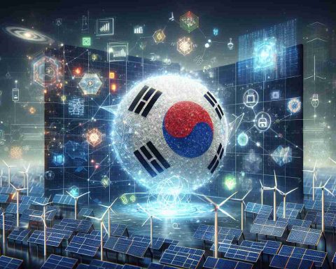 Create a high-definition, realistic image representing the concept of 'Quantum Technology Revolutionizing Cybersecurity for Energy Protection in South Korea'. The scene should include symbolic elements related to quantum technologies, such as qubits, and a visual representation of energy sources such as solar panels or wind turbines. Also shown in the background could be an abstract imagery of cybersecurity shields, networks, and digital interfaces. Incorporate elements that have South Korean significance, such as an outline of the Korean Peninsula or the flag's design elements. No people should be in this scene, focusing only on the technology and its impact.