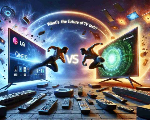 A super high-definition image representing the conceptual battle between two technological advances in television technology: one represented by an LG QNED television and the other by an LG NanoCell. The two TVs are wresting each other in an epic clash, surrounded by a technological aura, symbolizing their cutting-edge features. On top, a hovering question is asking, 'What's the Future of TV Tech?' The scene must be designed in a way that communicates the high stakes of their competition for the future of TV technology.