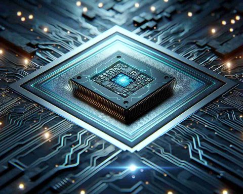 A realistic HD image demonstrating the concept of the future of technology might look. In particular, centering around a groundbreaking, transformative chip design that could be associated with a large, unnamed tech company. Let's see a detailed microchip with futuristic enhancements, cutting-edge features, symmetrical patterns, intricate circuits, and glowing lights symbolizing active data processing.