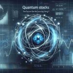 An HD image presenting a concept related to quantum stocks and futuristic investing. The center of the image features a symbolic representation of quantum physics - perhaps electrons orbiting an atomic nucleus or a quantum wave function. Digital graphs and stock market trend lines run in the background, suggesting the confluence of quantum science and the financial market. At the forefront, bold text that reads, 'Quantum Stocks: The Future of Investing? Discover the Next Big Thing!' embeds a sense of anticipation and future promise. The overall color palette utilizes cool futuristic tones such as neon blue, silver and white.