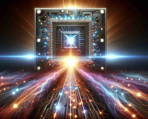 Create a realistic, high definition image that symbolizes the forward movement in the field of quantum computing. This could include elements such as a 3D quantum computer chip glowing with futuristic light, a powerful energy burst signifying the bold step forward, and perhaps a pathway covered with quantum bits moving towards the horizon to represent the revolutionizing aspect. The overall atmosphere of the image should emit a sense of progress and innovation.