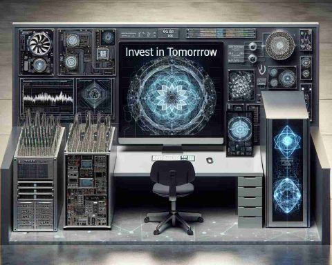 A highly detailed, high-definition photo of a setting symbolizing the concept of 'Invest in Tomorrow'. This setting should include elements that signify the exciting evolution and leap in technology, more specifically referencing quantum computing. The main focus could be an advanced computer work-station placed centrally, surrounded by additional elements such as quantum circuits, futuristic screens displaying complex algorithms, and other quantum computing hardware in a modern lab