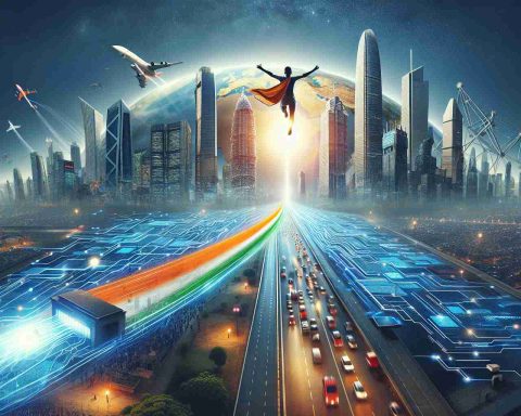 Create a high-definition, realistic image representing the concept of a Quantum Leap in terms of technology and innovation in India. Picture India springing forward into the future, with the focus on readiness and anticipation. The scene should incorporate elements such as advanced technology, bustling cityscapes, and energetic citizens primed for change.