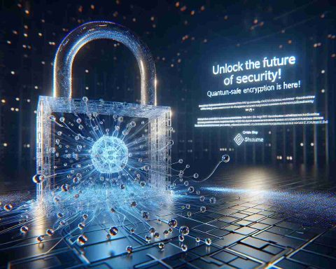 A high-resolution, realistic image portraying the future of security unlocked through quantum-safe encryption. The scene embodies an advanced setting where intangible connections demonstrate encrypted data transfers. A large 3D padlock, often used to symbolize security, seems to shatter into individual photons of light, symbolizing quantum communication. On this scene, glowing words appear, visually inscribed with light: 'Unlock the Future of Security! Quantum-Safe Encryption is Here!'