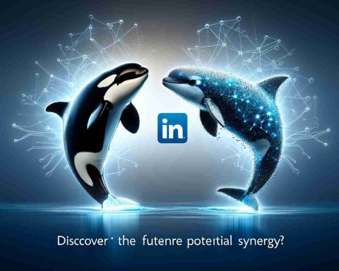 Create a high-definition, realistic image of two symbolic elements representing an artificial intelligence company named 'Orca AI' and the professional networking platform, 'LinkedIn'. The representation of 'Orca AI' should be an orca, embodying artificial intelligence aspects, while 'LinkedIn' could be represented by its iconic logo. Connect these two elements in a way that suggests potential synergy or collaboration between them, with the text 'A Future Connection? Discover the Potential Synergy' included in an appropriate place in the image.