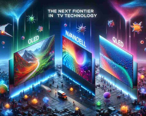 Illustrate an ultra high-definition image showcasing the competition of three different advanced TV technology types: OLED, NanoCell, and QLED. Display each type by highlighting its unique characteristics. The OLED TV could display vibrant and true-to-life colors, the NanoCell could be seen offering superior color accuracy and a wide viewing angle, while the QLED might be depicted with incredibly bright and colorful images. Let's also show the phrase, 'The Next Frontier in TV Technology', floating above the scene to indicate the ongoing battle for supremacy among these technologies.