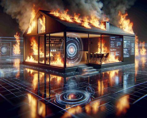 A high-definition, realistic image that depicts a modern house fire. The house is equipped with Quantum Fiber technology, showcasing the potential new risks associated with this emerging tech. The scene captures the intensity of the flames, the billowing smoke, and the reflection of the fire on the surrounding area, highlighting the futuristic, advanced tech within the house and the dangers the technology could inflict.