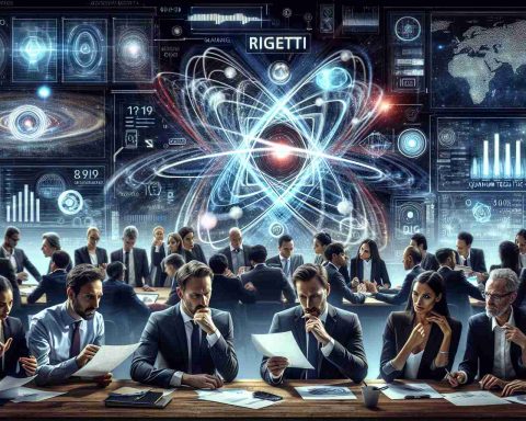 A realistic high-definition image illustrating the exciting atmosphere among investors who are showing great interest in Quantum technology. They are contemplating whether Rigetti, a company involved in this field, is the next big leap forward. In the image, a group of diverse individuals can be seen intensely discussing and analysing documents and screens that display Quantum Tech data. Among them, there's a hint of 'Rigetti' name visible, symbolising their focus on this company. The expressions of the investors range from curiosity, intense focus, to guarded optimism indicating the buzz over this potential big thing.