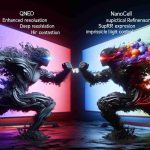 A hyper-realistic, high definition image illustrating a conceptual battle between two types of television technologies represented as abstract entities. One entity embodies the qualities of QNED technology, showcasing enhanced resolution, deep black colors, and high contrast factor. The other entity encapsulates the essence of NanoCell technology, exhibiting sophisticated color refinement, superior RGB expression, and impressive light control. These entities are engaged in a dynamic clash, symbolizing their competition in the market.