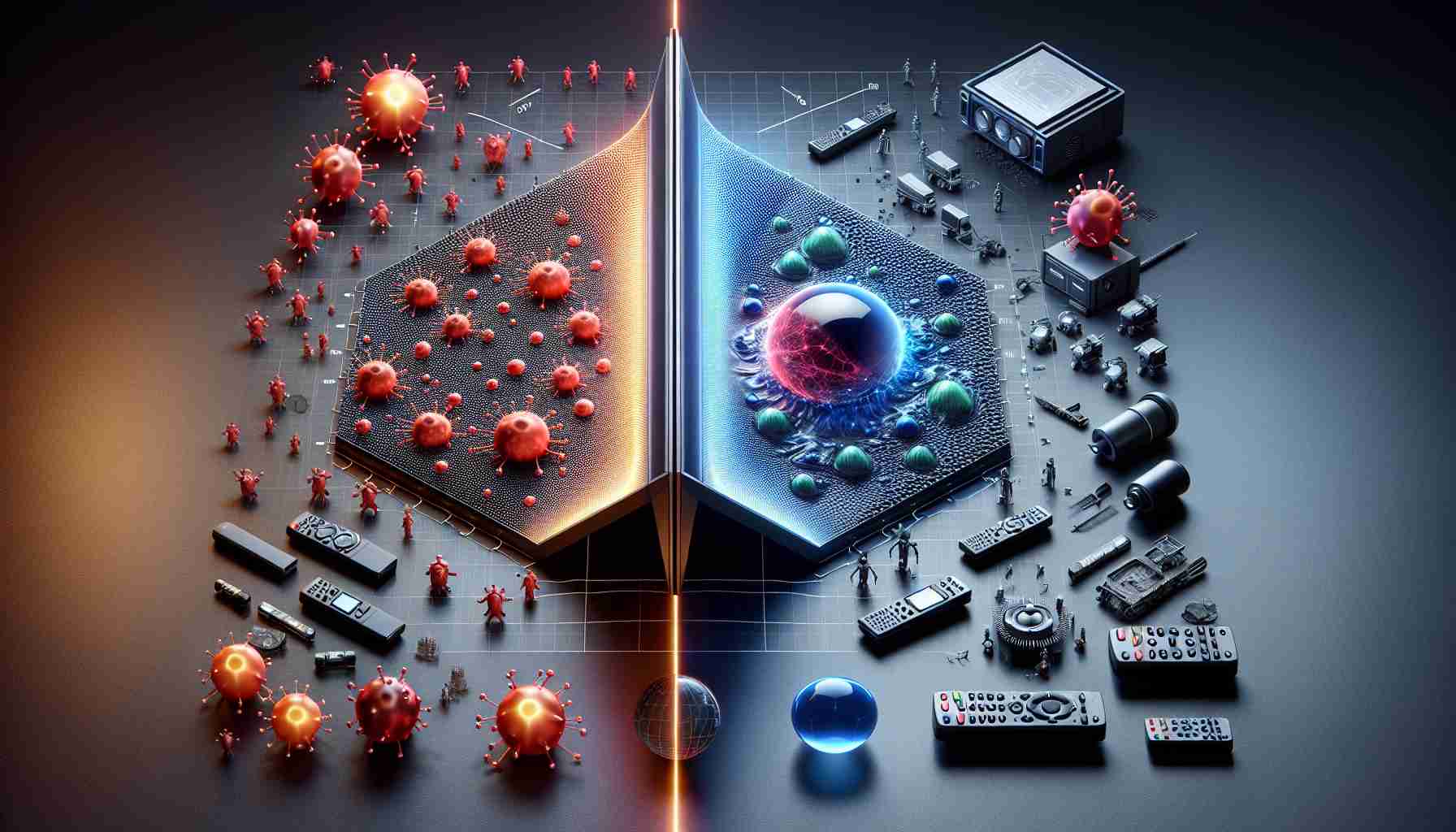 An ultra-high-definition, realistic depiction of the comparison between Nanocell and QNED television technologies. Feature elements to illustrate the significant advancements in each format. The image should indicate a 'battle of technology' showcasing the properties and benefits of both, without a clear winner. Highlight key differences and let the viewers decide which one reigns supreme.