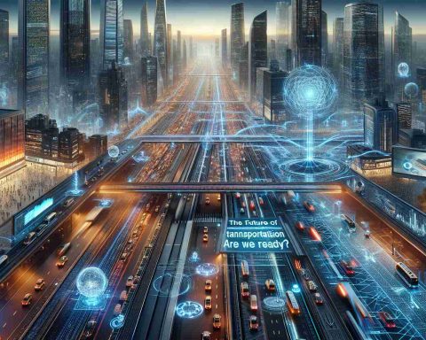 An ultra-realistic, high-definition image featuring Quantum Technology as the linchpin for future transportation. It visually represents several elements: advanced quantum computing systems; intricate networks of high-speed, magnetically levitating vehicles; intelligent traffic management solutions manipulating invisible, interconnected webs of information. The setting is a technologically advanced metropolis, with bustling streets beneath futuristic skyscrapers under a twilight sky. The question 'The Future of Transportation is Here. Are We Ready?' is subtly incorporated into the landscape, possibly as a neon sign or a billboard.