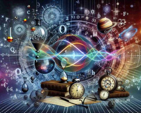 A high-definition, realistic image showing the concept of 'Time: A Quantum Illusion'. The image features symbols, equations and graphics associated with the physical understanding of Quantum Physics. Spectacles, macroscopic objects such as planets and stars, microscopic images of atoms, and timepieces such as hourglasses and pocket watches are artistically intertwined. The colors should include a mix of vibgyor spectrum to highlight quantum phenomenon and the black-and-white spectrum for the regular aspect of time, all set on the backdrop of an abstract representation of time-space continuum.