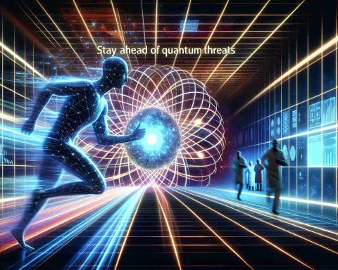 An ultra-high-definition rendering of an abstract concept: 'Staying Ahead of Quantum Threats'. Visualization may include a symbolic representation of racing against time, possibly showing a person tooled with advanced tech gear, moving swiftly on a trail compared to an intimidating quantum wave, representing a quantum threat, looming from the back. The setting is futuristic, filled with neon grids, embracing the theme of next-gen technology and cybersecurity. Scientists are working in the background, emphasizing the collective effort to mitigate these threats. A prominent phrase 'Stay Ahead of Quantum Threats' is boldly showcased.