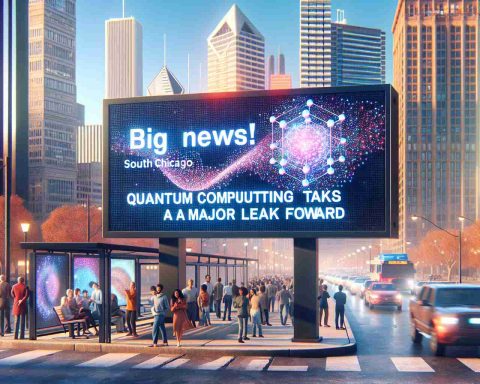 Generate a realistic high-definition image representing the headline, 'Big News for South Chicago! Quantum Computing Takes a Major Leap forward.' The scene could depict a bustling South Chicago street with people excitedly reading this news on digital billboards. Also incorporate elements symbolizing quantum computing like a stylized qubit or a quantum computer.