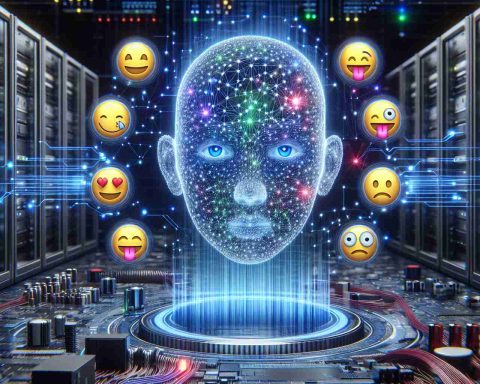 A high-definition realistic image showcasing the new frontier of artificial intelligence: Emotion Sensing. It is depicted as the latest development in technology, with a network of digital nodes and connections pulsating with cool futuristic colors, representing data flow and AI processes. On the foreground, emoticons are shown detectable by this system, symbolizing happiness, sadness, anger and more. Please include advanced computers and servers in the background, visualizing the hardware which makes this evolution possible.