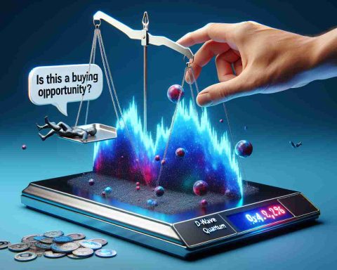 A high-definition, realistic visualization of a symbolic plunge showcasing D-Wave Quantum's situation, with a handheld scale showing a drastic fall. There is a question popped up nearby in a speech bubble saying, 'Is this a buying opportunity?'