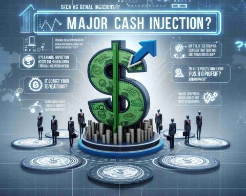 Generate a realistic high-definition image illustrating the concept of a major cash injection for a generic business entity, represented by the acronym 'SEALSQ'. This financial boost is questioned if it's the push they need to succeed. With it, display a sense of positivity, showing symbols of high profit and growth. Integrate these concepts into a business setting.