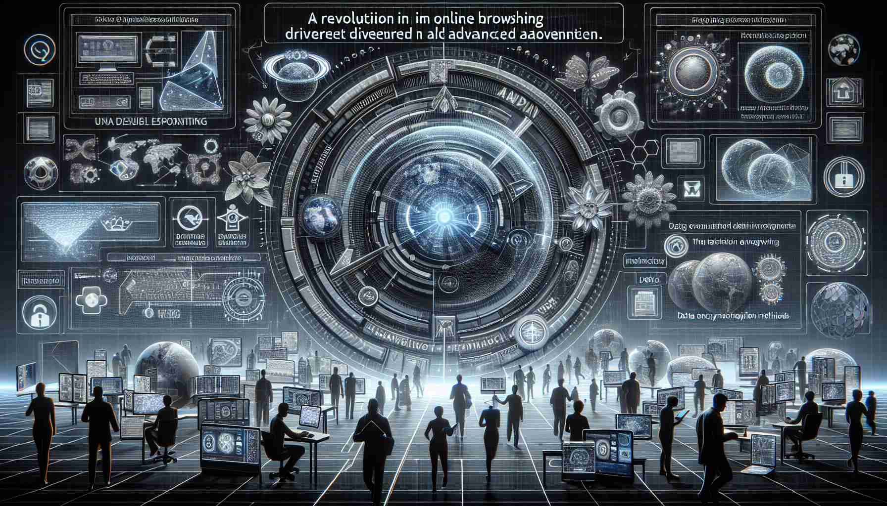 A detailed, high-definition image showing a revolution in online browsing driven by advanced technology. Display an immersive and futuristic visualization of a novel browsing environment that is sculpted by technological advancement. Feature interfaces that depict cutting-edge techniques in user experience design, advanced algorithms enabling faster response times, and innovative data encryption methods for better security. Additionally, show diversified users interacting with this advanced interface through various devices, including desktop computers, handheld devices, and futuristic wearables, symbolizing digital inclusivity.